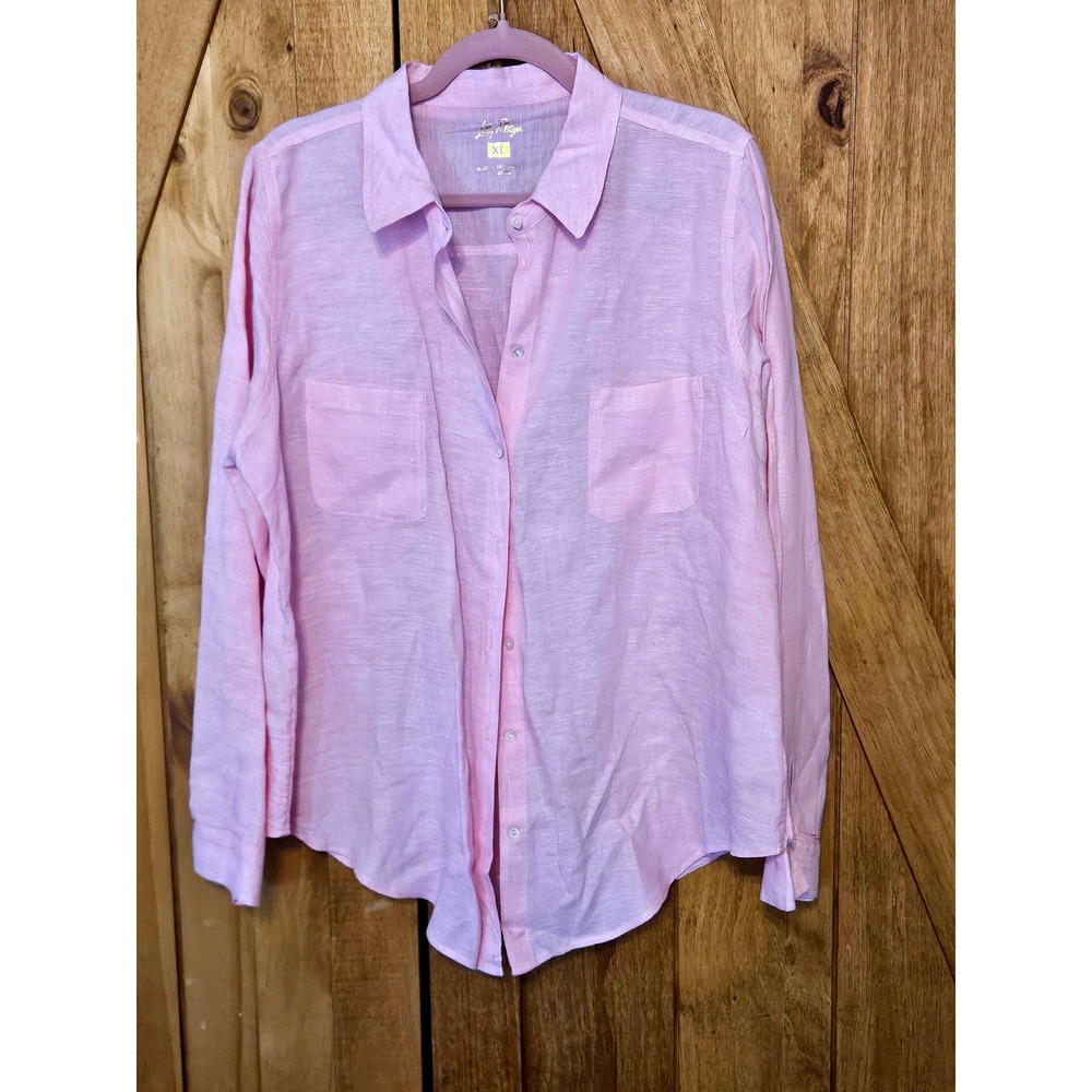 Lilly Pulitzer Seaview 100% Linen Shirt XL Pink Button Front Point Collar #756